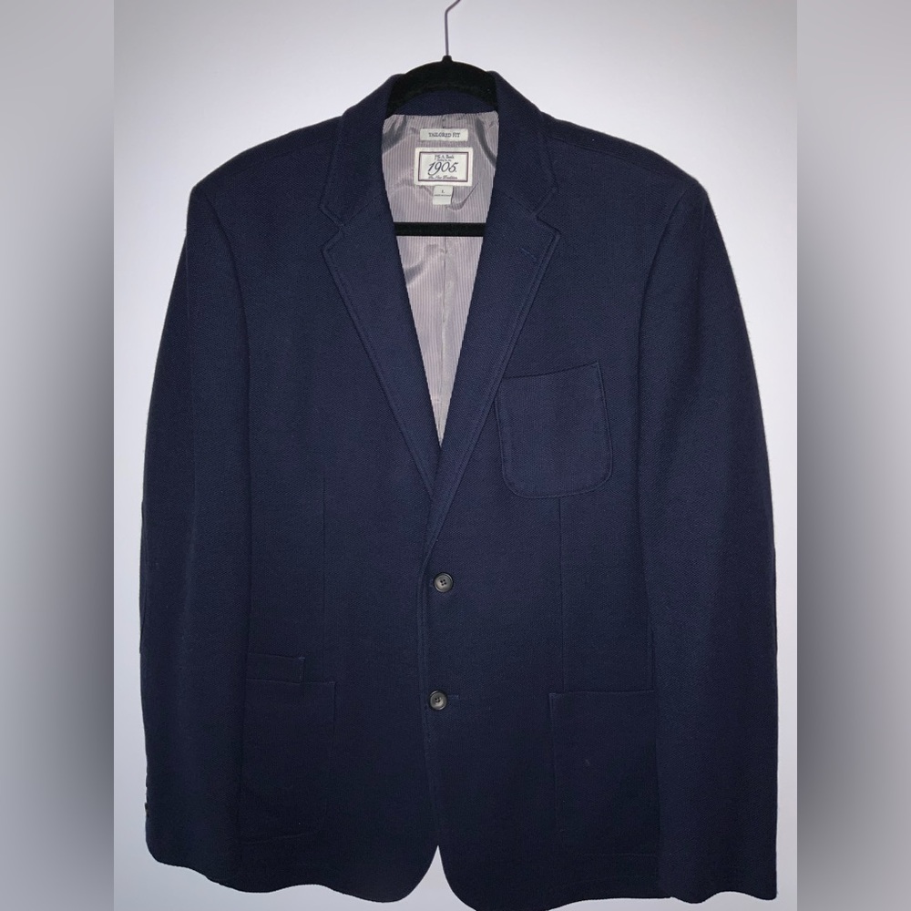 Jos. A. Bank Dark Blue Blazer with Patterned Lining; Cotton blend.